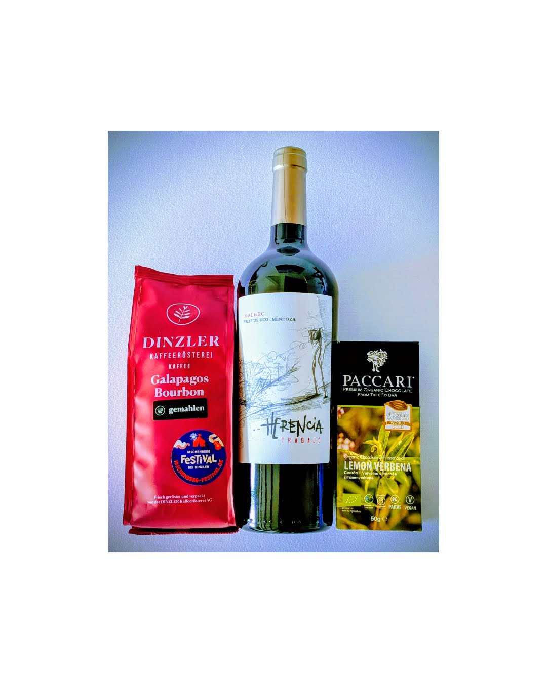 El Espiritu Santo: Bio Schokolade aus Ecuador + Kaffee: Galápagos-Arabica + Herencia Trabajo Malbec aus Mendoza